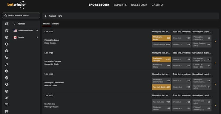 An image of moneyline bets on the NFL from BetWhale, a leading site for learning the answer to the question: what is moneyline in betting.